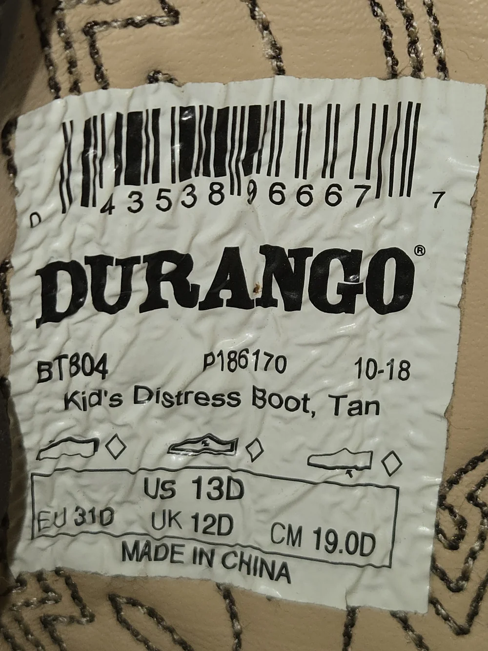 Durango Western Cowboy Boots KIDS Size 13C Dark Tan Distressed BT804